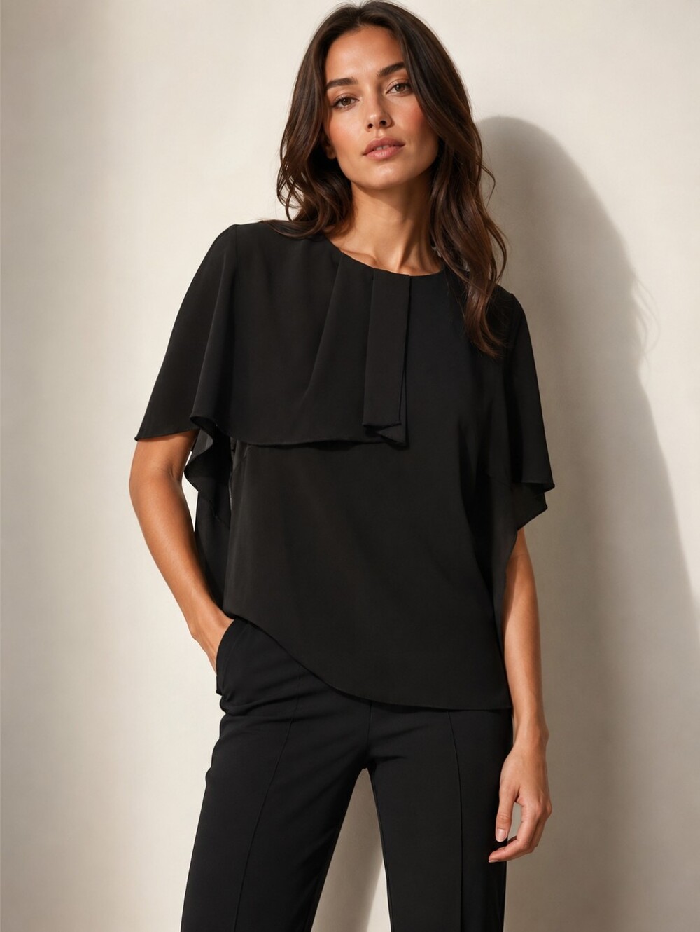 ❤️ ANNA CATE BLACK DRAPED CASCADE OVERLAY BLOUSE / TOP, MEDIUM